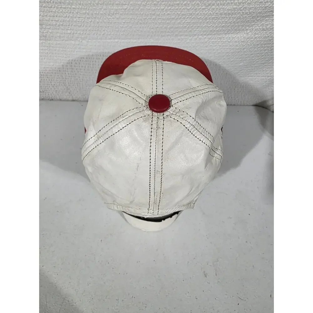 Vtg Chicago Bulls Genuine Leather Snapback Hat NBA Made USA White Red Cap
